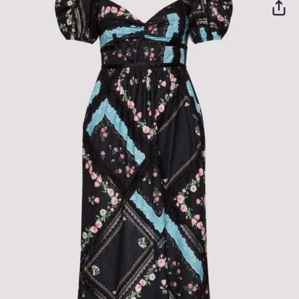 NWT For Love & Lemons Margaret Midi Dress • Black/Aqua Floral : Size XS
